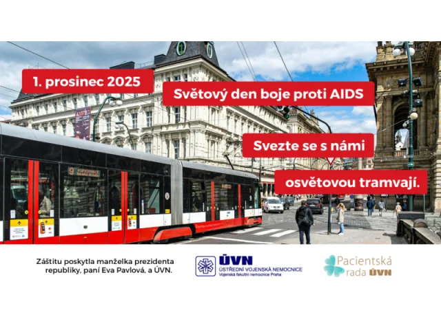 Světový den boje proti AIDS – 1. prosince 2025. Přijďte se svézt osvětovými linkami MHD, které letos vyjedou pod záštitou manželky prezidenta České republiky, paní Evy Pavlové, a Ústřední vojenské nemocnice