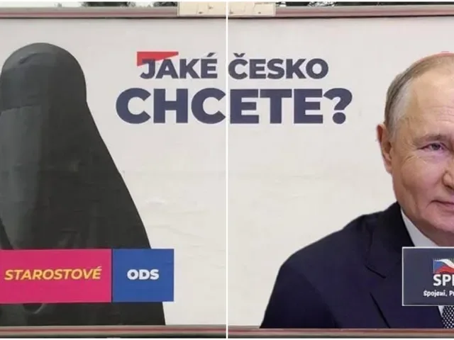 Billboardová válka začala: SPD straší burkou a migrací, Spolu kontruje Putinem