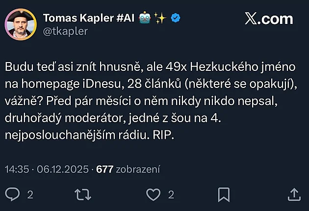 Tolik článků o Hezuckém? Byl to druhořadý moderátor, šokoval člen Pirátů