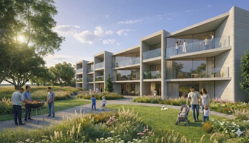 Antracit představuje projekt MEANDRY Výškovice - řadové domy vytvořené pomocí 3D tisku betonu