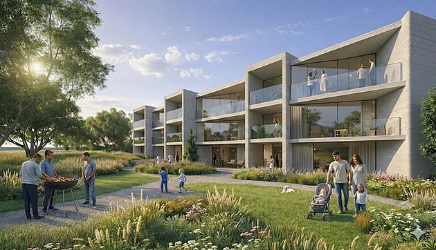 Antracit představuje projekt MEANDRY Výškovice - řadové domy vytvořené pomocí 3D tisku betonu